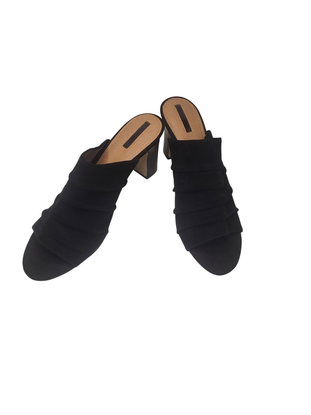 Tahari Ariana Black Suede Ruffle Heeled Mules 11M
